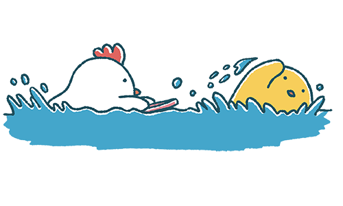 泳ぐニワトリとヒヨコ