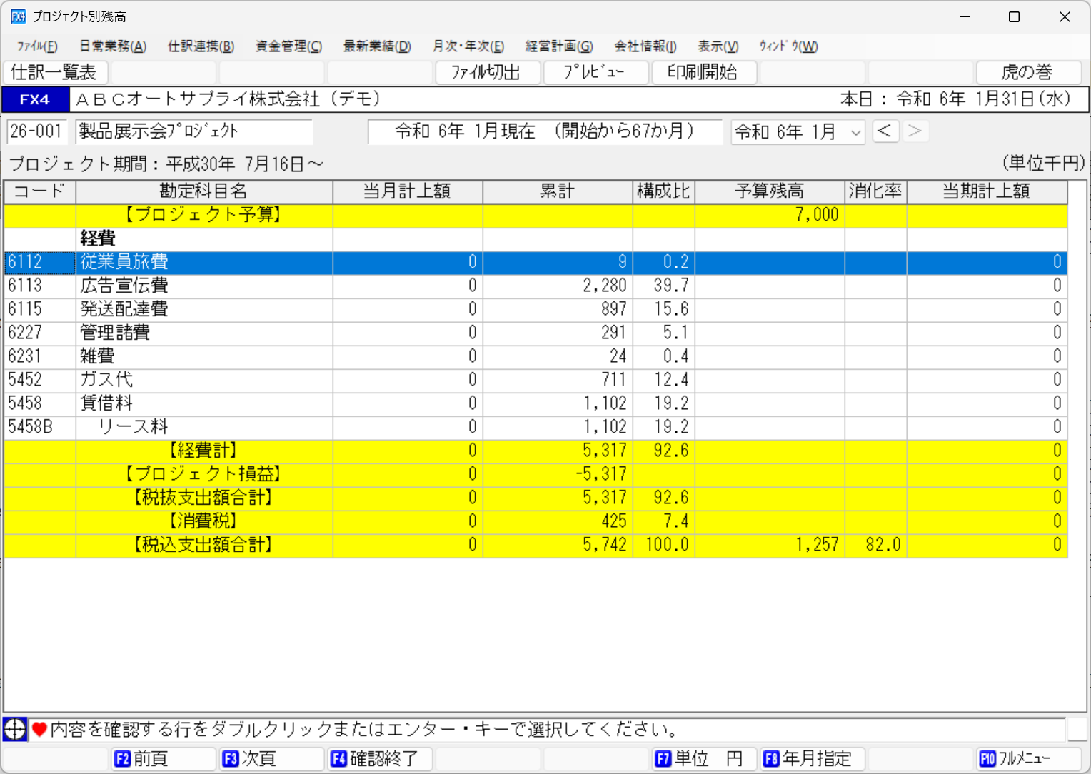 プロジェクトの各勘定科目の残高画面