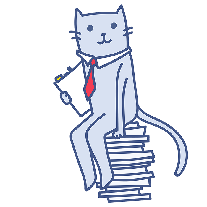 書類の束の上に乗るサラリーマン猫