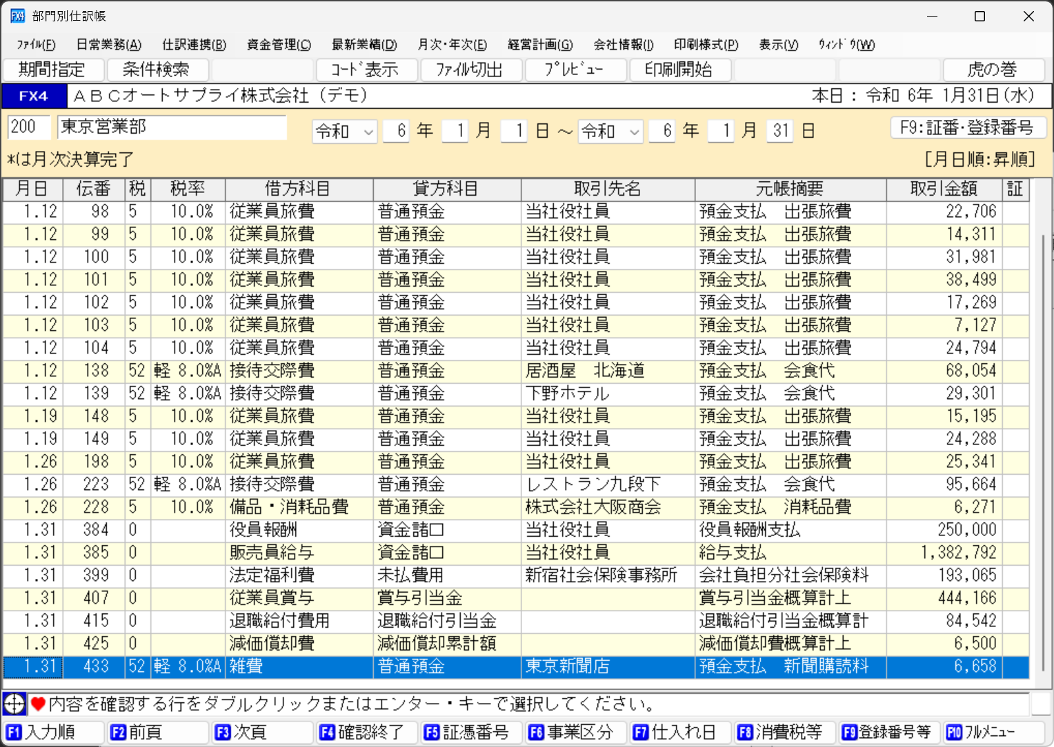 ｢部門別仕訳帳｣画面