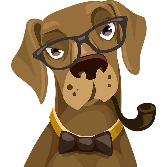 パイプを吸う眼鏡をかけたイヌ