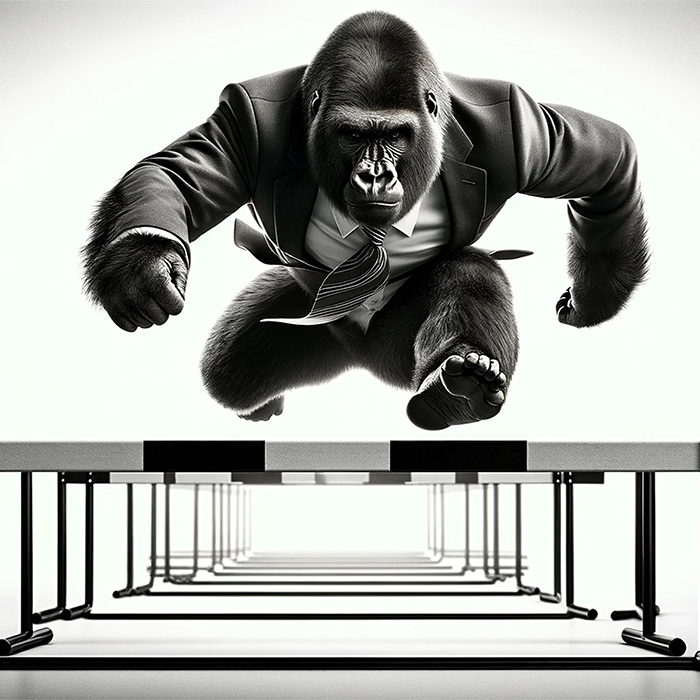 苦難のハードルを飛び越えるゴリラ